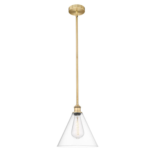 Innovations Berkshire 12in 1-Light Mini Pendant | Industrial Brushed Brass Steel and Clear Cone Glass | Kitchen Island & Dining | Model 616-1S-BB-GBC-122