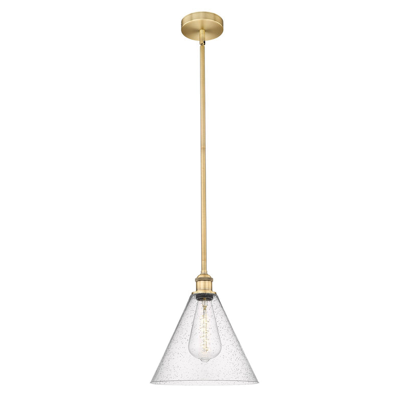 Innovations Berkshire Glass 12in 1-Light Mini Pendant | Industrial Brushed Brass Steel and Seedy Cone Glass | Kitchen Island & | Model 616-1S-BB-GBC-124