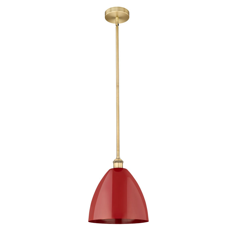 Innovations Plymouth 12in 1-Light Mini Pendant | Industrial Brushed Brass Steel and Matte Red Metal Shade | Kitchen Island & | Model 616-1S-BB-MBD-12-RD