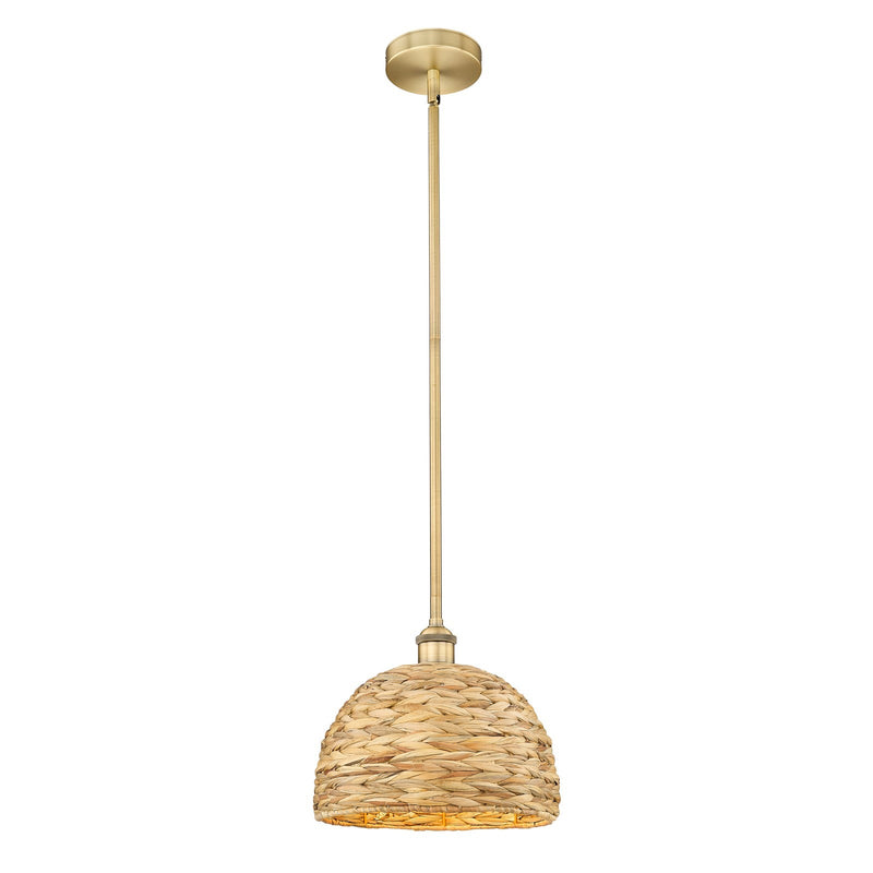 Innovations Woven Rattan 12in 1-Light Mini Pendant | Industrial Brushed Brass and Natural Fiber Dome Shade | Kitchen Island & | Model 616-1S-BB-RBD-12-NAT