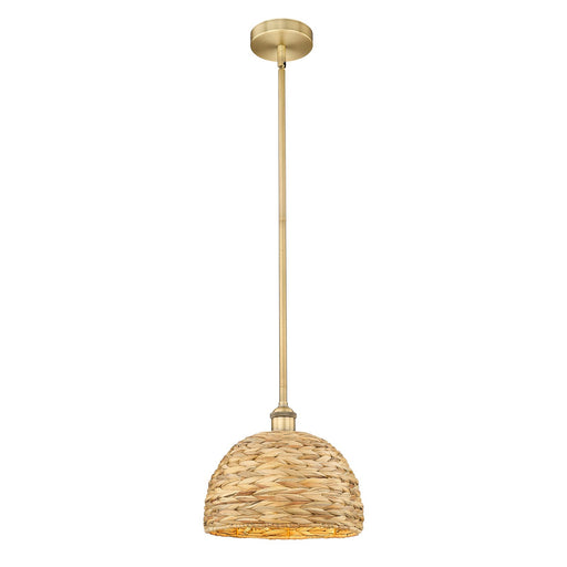 Innovations Woven Rattan 12in 1-Light Mini Pendant | Industrial Brushed Brass and Natural Fiber Dome Shade | Kitchen Island & | Model 616-1S-BB-RBD-12-NAT