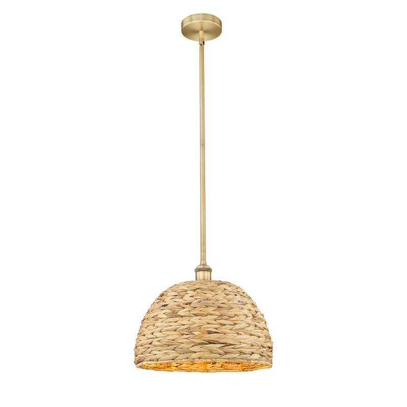 Innovations Woven Rattan 16in 1-Light Mini Pendant | Industrial Brushed Brass Steel and Natural Fiber Dome Shade | Kitchen | Model 616-1S-BB-RBD-16-NAT