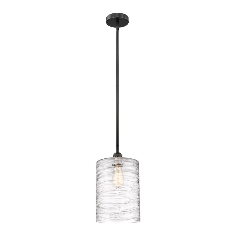 Innovations Cobbleskill 9in 1-Light Mini Pendant | Industrial Matte Black Steel and Deco Swirl Clear Glass | Kitchen Island & | Model 616-1S-BK-G1113-L