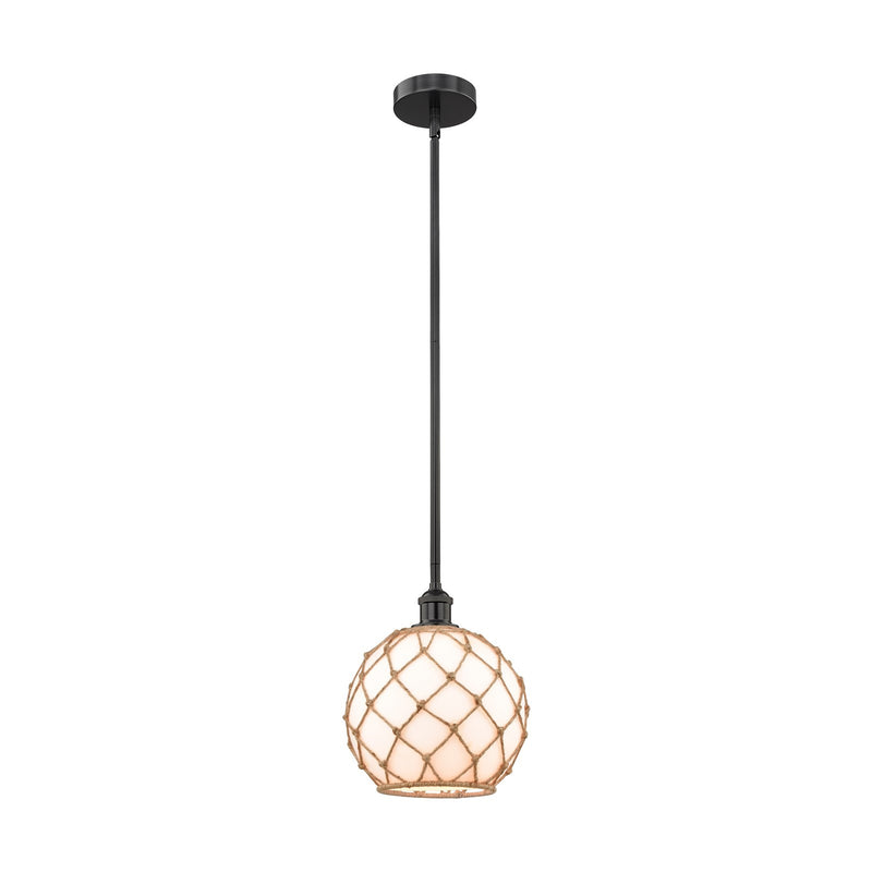 Innovations Farmhouse Rope 10in 1-Light Mini Pendant | Industrial Matte Black Steel and White Glass with Brown Rope | Model 616-1S-BK-G121-10RB-LED