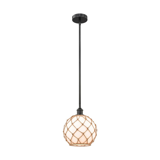 Innovations Farmhouse Rope 10in 1-Light Mini Pendant | Industrial Matte Black Steel and White Glass with Brown Rope | Model 616-1S-BK-G121-10RB-LED