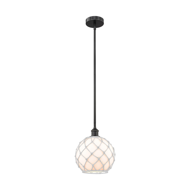 Innovations Farmhouse Rope 10in 1-Light Mini Pendant | Industrial Matte Black Steel and White Glass with Rope Shade | Kitchen | Model 616-1S-BK-G121-10RW