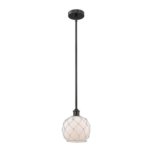 Innovations Farmhouse Rope 8in 1-Light Mini Pendant | Industrial Matte Black Steel and White Frosted Glass with Rope | Kitchen | Model 616-1S-BK-G121-8RW