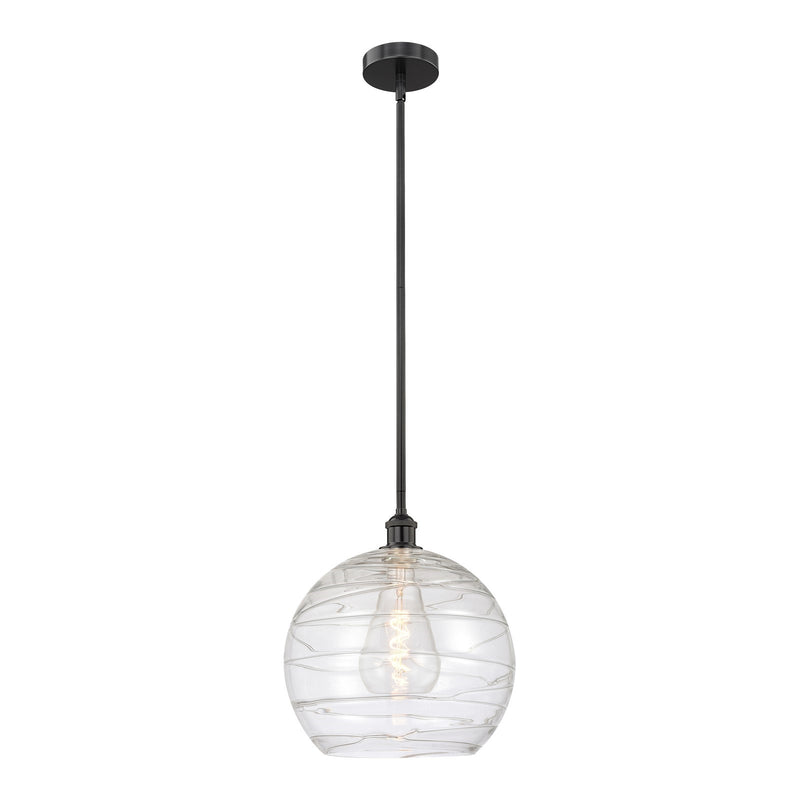Innovations Athens Deco Swirl 14in 1-Light Mini Pendant | Industrial Matte Black Steel and Clear Deco Swirl Glass | Kitchen | Model 616-1S-BK-G1213-14CL