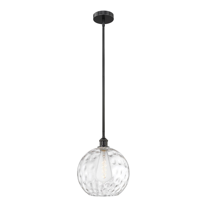 Innovations Athens Water Glass 12in 1-Light Mini Pendant | Industrial Matte Black Steel and Clear Glass | Kitchen Island & | Model 616-1S-BK-G1215-12