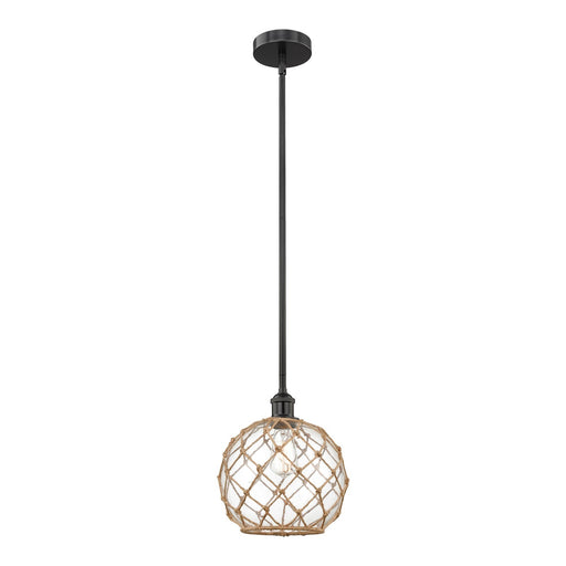 Innovations Farmhouse Rope 10in 1-Light Mini Pendant | Industrial Matte Black Steel and Clear Glass with Brown Rope | Kitchen | Model 616-1S-BK-G122-10RB