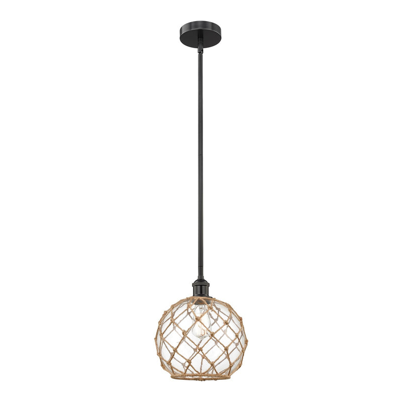 Innovations Farmhouse Rope 10in 1-Light Mini Pendant | Industrial Matte Black Steel and Clear Glass with Brown Rope | Kitchen | Model 616-1S-BK-G122-10RB