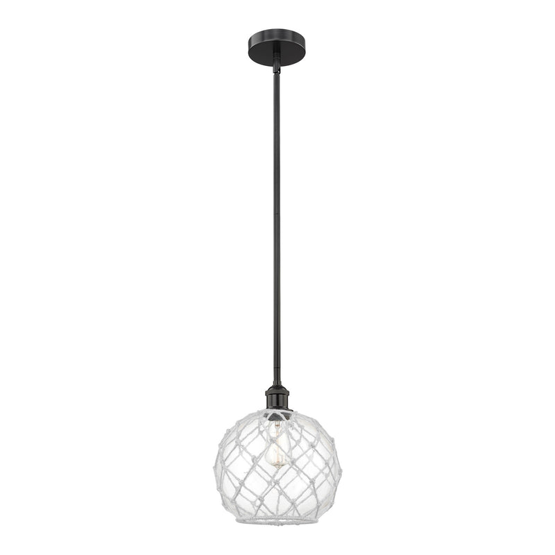 Innovations Farmhouse Rope 10in 1-Light Mini Pendant | Industrial Matte Black Steel and Clear Glass with White Rope | Model 616-1S-BK-G122-10RW-LED