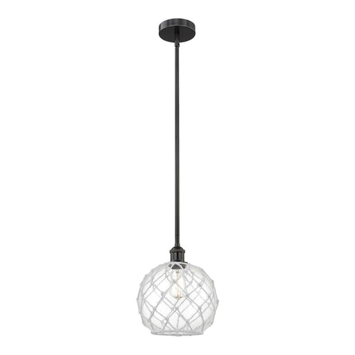 Innovations Farmhouse Rope 10in 1-Light Mini Pendant | Industrial Matte Black Steel and Clear Glass with White Rope | Model 616-1S-BK-G122-10RW-LED