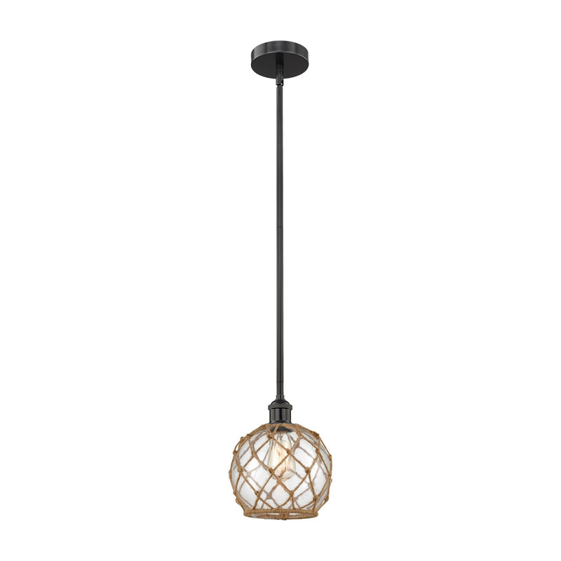 Innovations Farmhouse Rope 8in 1-Light Mini Pendant | Industrial Matte Black Steel and Clear Glass with Brown Rope | Model 616-1S-BK-G122-8RB-LED