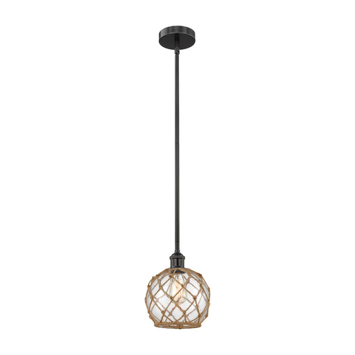 Innovations Farmhouse Rope 8in 1-Light Mini Pendant | Industrial Matte Black Steel and Clear Glass with Brown Rope | Model 616-1S-BK-G122-8RB-LED