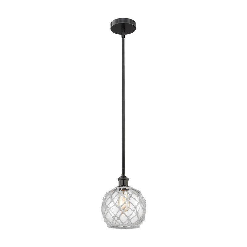 Innovations Farmhouse Rope 8in 1-Light Mini Pendant | Industrial Matte Black Steel and Clear Glass with White Rope | Kitchen | Model 616-1S-BK-G122-8RW