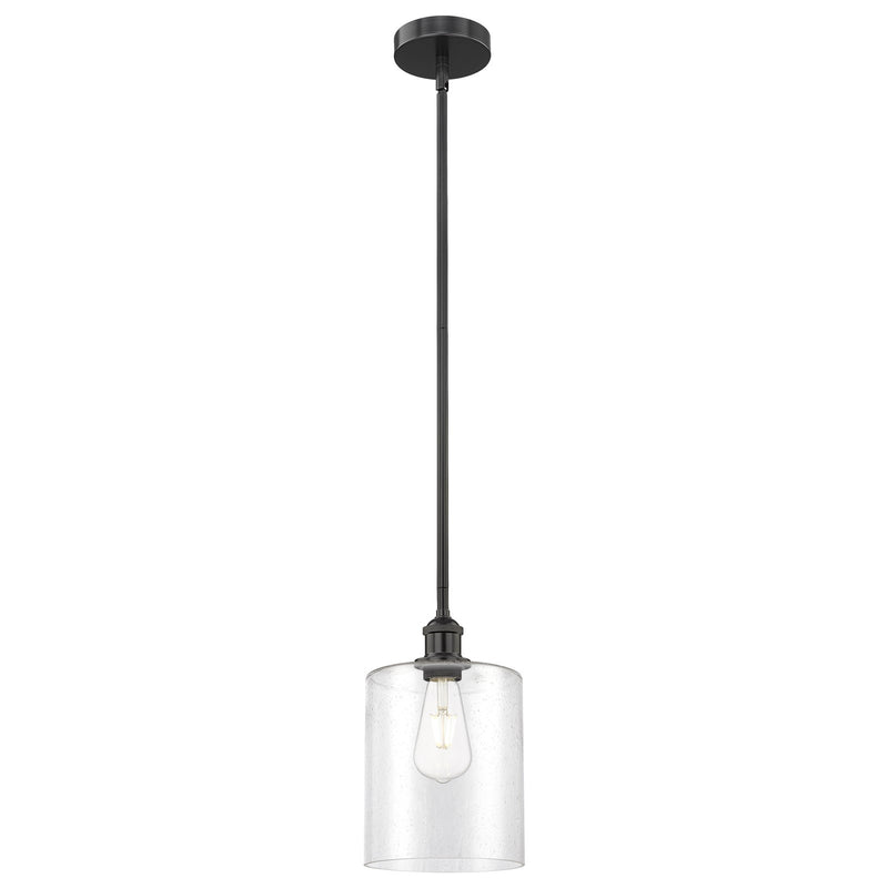 Innovations Paladin 7in 1-Light Mini Pendant | Farmhouse Matte Black Steel and Seedy Glass Cylinder | Kitchen Island & Dining | Model 616-1S-BK-G4424-7