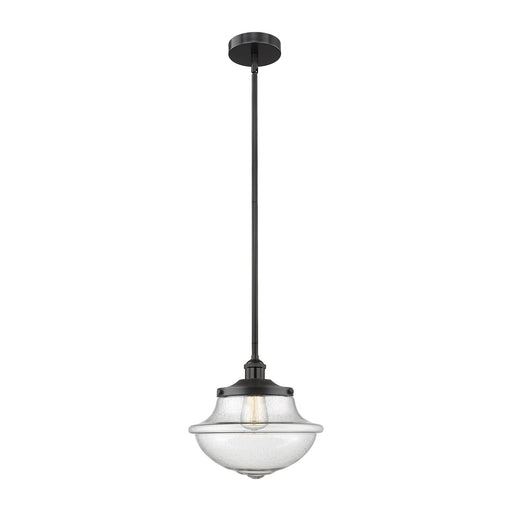 Innovations Oxford 12in 1-Light Mini Pendant | Industrial Matte Black Steel and Seedy Glass | Kitchen Island & Dining Room | 11.75 | Model 616-1S-BK-G544