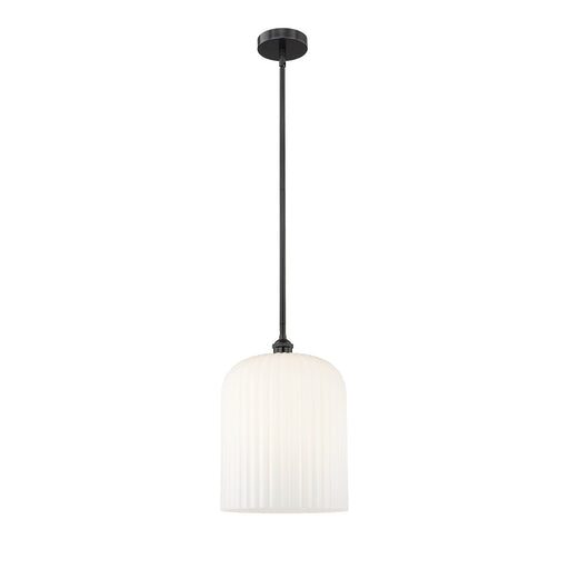 Innovations Bridal Veil 5in 1-Light Mini Pendant | Industrial Matte Black Steel and Gloss White Ribbed Glass | Kitchen Island | Model 616-1S-BK-G559-12GWH