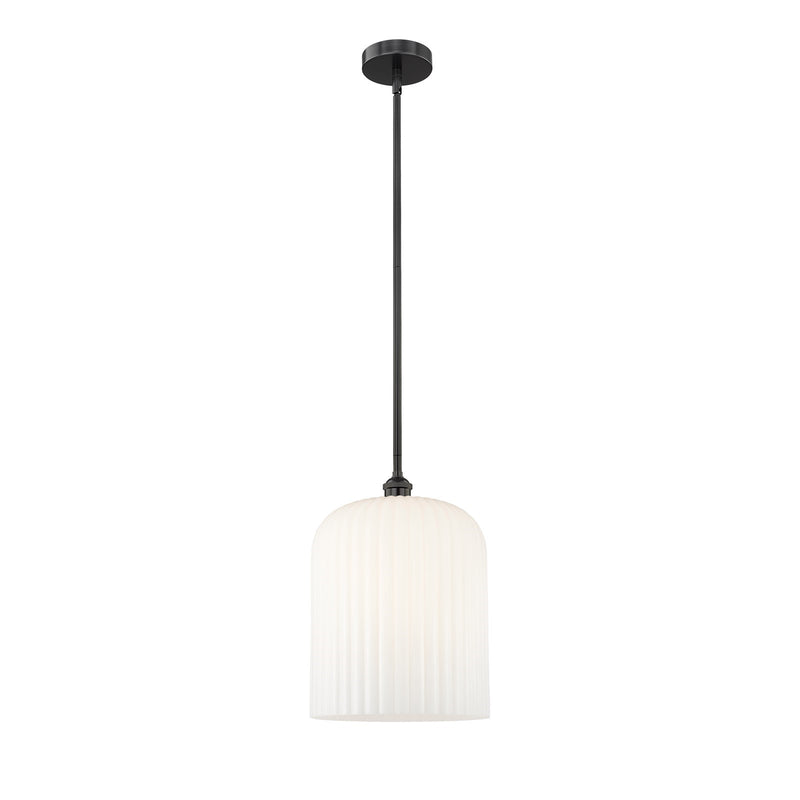Innovations Bridal Veil 5in 1-Light Mini Pendant | Industrial Matte Black Steel and Gloss White Ribbed Glass | Kitchen Island | Model 616-1S-BK-G559-12GWH