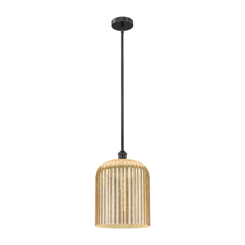 Innovations Bridal Veil 5in 1-Light Mini Pendant | Industrial Matte Black Steel and Mercury Ribbed Glass | Kitchen Island & | Model 616-1S-BK-G559-12ME