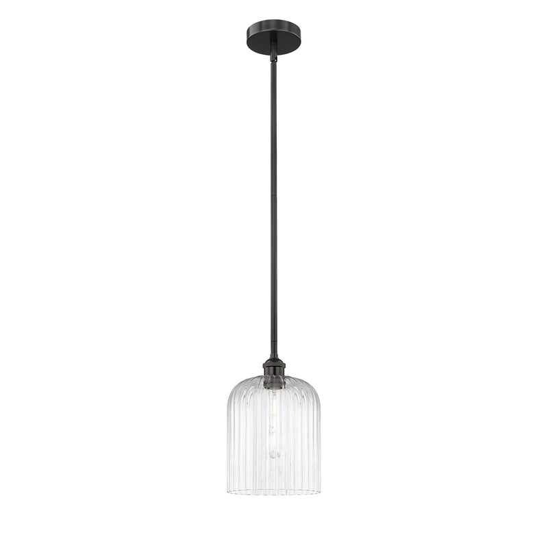 Innovations Bridal Veil 5in 1-Light Mini Pendant | Industrial Matte Black Steel and Clear Ribbed Glass | Kitchen Island & | Model 616-1S-BK-G559-8CL