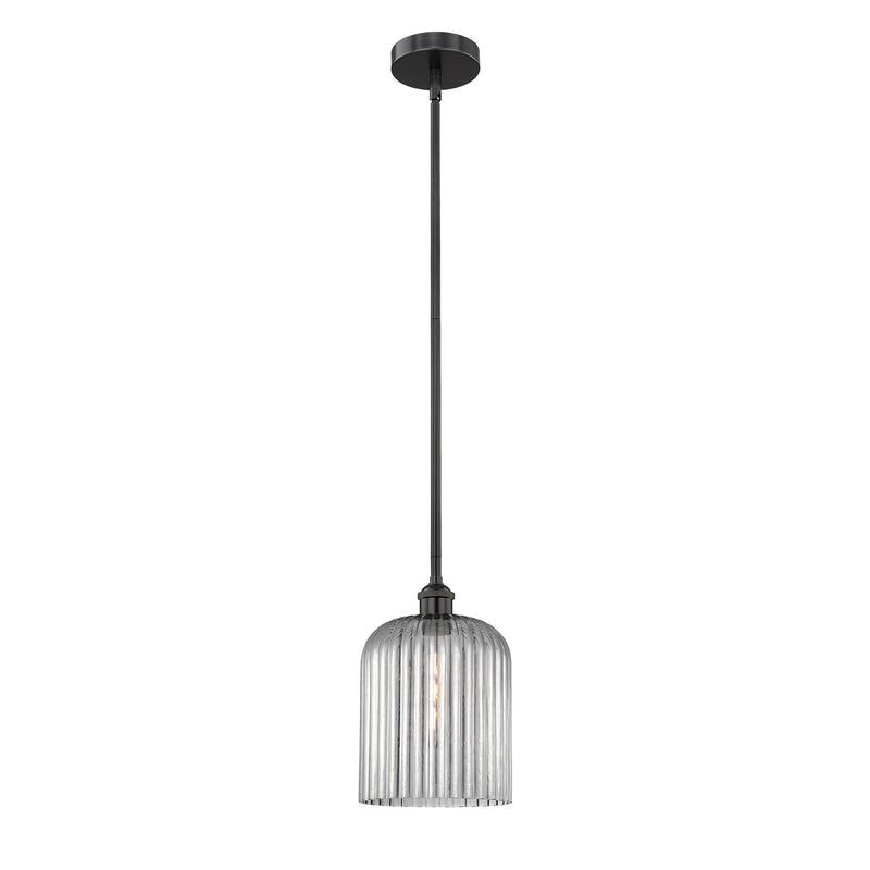 Innovations Bridal Veil 5in 1-Light Mini Pendant | Industrial Matte Black Steel and Light Smoke Ribbed Glass | Kitchen Island & | Model 616-1S-BK-G559-8SM