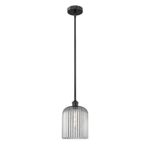 Innovations Bridal Veil 5in 1-Light Mini Pendant | Industrial Matte Black Steel and Light Smoke Ribbed Glass | Kitchen Island & | Model 616-1S-BK-G559-8SM