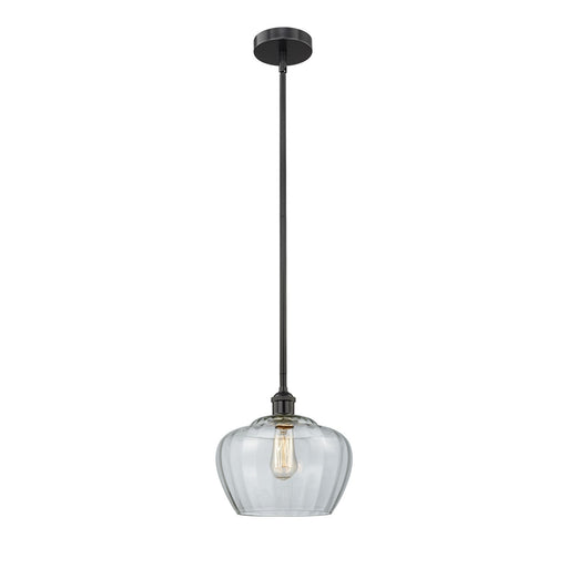 Innovations Fenton 11in 1-Light Mini Pendant | Industrial Matte Black Steel and Clear Ribbed Glass | Kitchen Island & Dining | Model 616-1S-BK-G92-L-LED