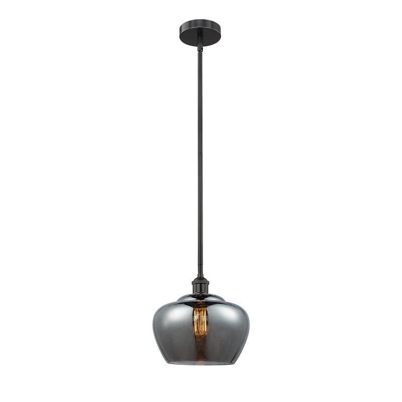 Innovations Fenton 11in 1-Light Mini Pendant | Industrial Matte Black Steel and Light Smoke Ribbed Glass | Kitchen Island & | Model 616-1S-BK-G93-L-LED