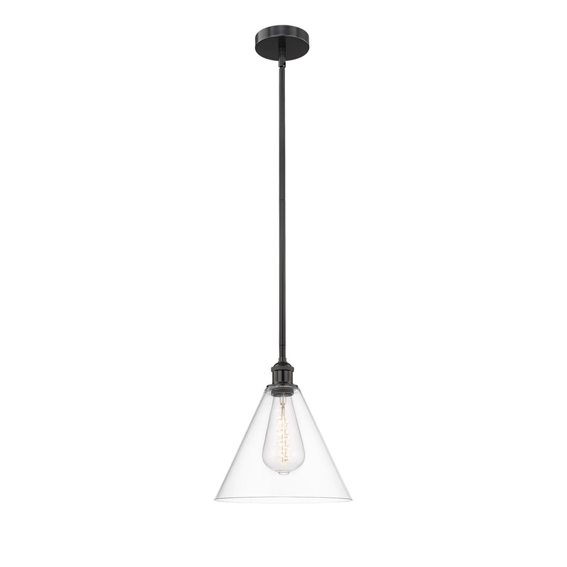 Innovations Berkshire 12in 1-Light Mini Pendant | Industrial Matte Black Steel and Clear Glass | Kitchen Island & Dining Room | Model 616-1S-BK-GBC-122