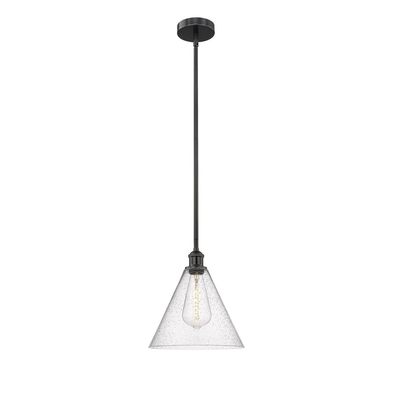 Innovations Berkshire 12in 1-Light Mini Pendant | Industrial Matte Black Steel and Seedy Glass | Kitchen Island & Dining | Model 616-1S-BK-GBC-124-LED