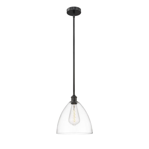 Innovations Bristol 12in 1-Light Mini Pendant | Industrial Matte Black Steel and Clear Glass | Kitchen Island & Dining Room | Model 616-1S-BK-GBD-122-LED