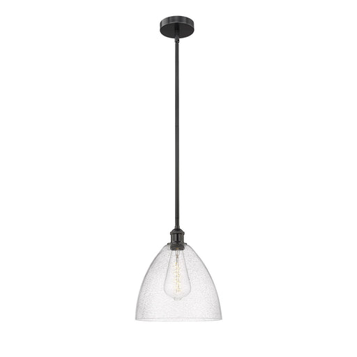 Innovations Bristol 12in 1-Light Mini Pendant | Industrial Matte Black Steel and Seedy Glass | Kitchen Island & Dining Room | Model 616-1S-BK-GBD-124-LED