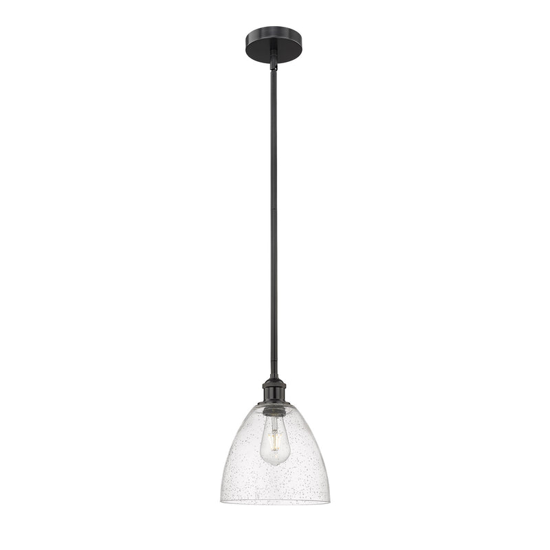 Innovations Bristol 9in 1-Light Mini Pendant | Industrial Matte Black Steel and Seedy Glass | Kitchen Island & Dining Room | Model 616-1S-BK-GBD-94-LED
