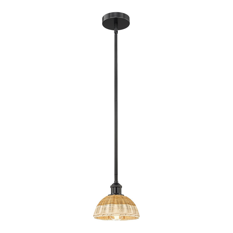 Innovations Lighting Bristol Natural II 8in 1-Light Mini Pendant | Industrial Matte Black Steel and Natural Fiber Shade | Model 616-1S-BK-NBD2-75-NAT