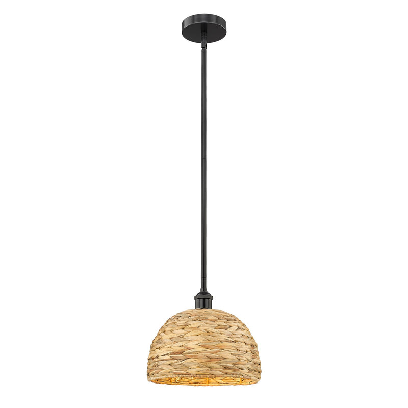Innovations Woven Rattan 12in 1-Light Mini Pendant | Industrial Matte Black Steel and Natural Fiber Dome Shade | Kitchen | Model 616-1S-BK-RBD-12-NAT