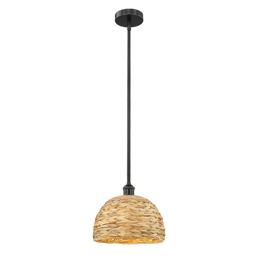Innovations Woven Rattan 12in 1-Light Mini Pendant | Industrial Matte Black Steel and Natural Fiber Dome Shade | Kitchen | Model 616-1S-BK-RBD-12-NAT