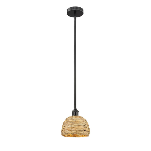 Innovations Woven Rattan 8in 1-Light Mini Pendant | Rustic Matte Black Steel and Natural Woven Rattan | Kitchen Island & | Model 616-1S-BK-RBD-8-NAT