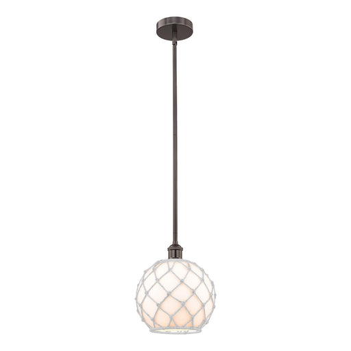 Innovations Farmhouse Rope 10in 1-Light Mini Pendant | Industrial Oil Rubbed Bronze Steel and White Glass with Rope Shade | Model 616-1S-OB-G121-10RW