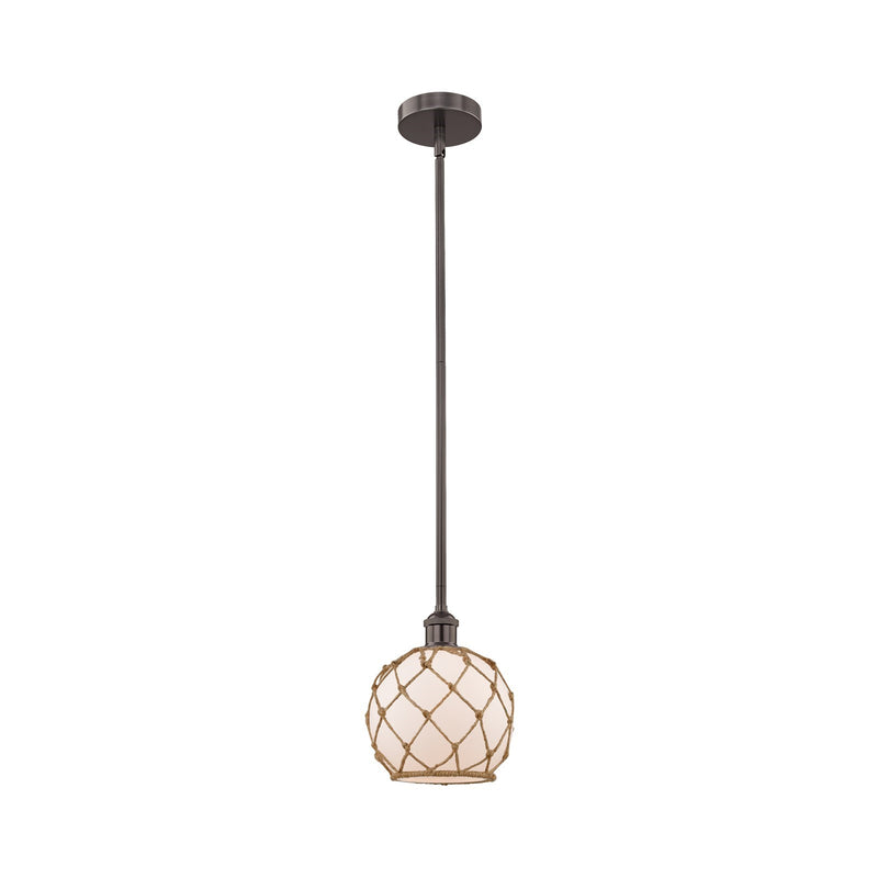 Innovations Farmhouse Rope 8in 1-Light Mini Pendant | Industrial Oil Rubbed Bronze Steel and White Frosted Glass with Brown | Model 616-1S-OB-G121-8RB