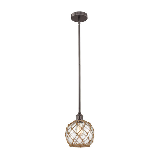 Innovations Farmhouse Rope 8in 1-Light Mini Pendant | Industrial Oil Rubbed Bronze Steel and Clear Glass with Brown Rope | Model 616-1S-OB-G122-8RB