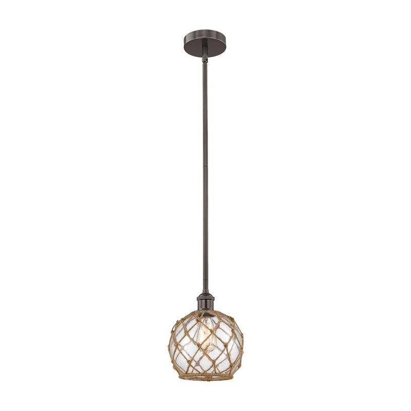 Innovations Farmhouse Rope 8in 1-Light Mini Pendant | Industrial Oil Rubbed Bronze Steel and Clear Glass with Brown Rope | Model 616-1S-OB-G122-8RB-LED