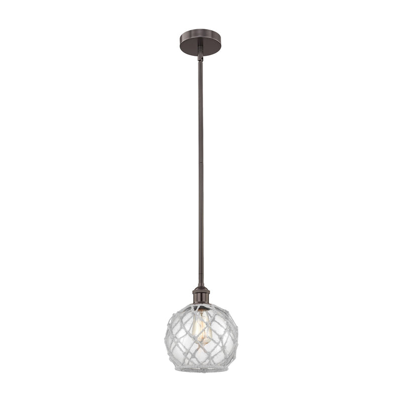 Innovations Farmhouse Rope 8in 1-Light Mini Pendant | Industrial Oil Rubbed Bronze Steel and Clear Glass with White Rope Shade | Model 616-1S-OB-G122-8RW