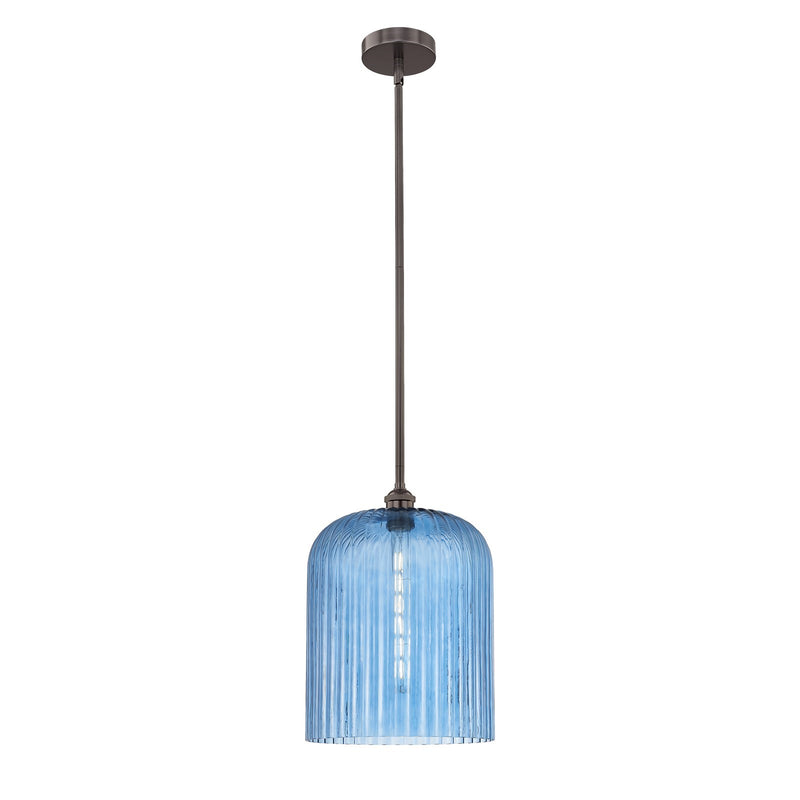 Innovations Bridal Veil 5in 1-Light Mini Pendant | Art Nouveau Oil Rubbed Bronze and Princess Blue Ribbed Glass | Kitchen | Model 616-1S-OB-G559-12BL