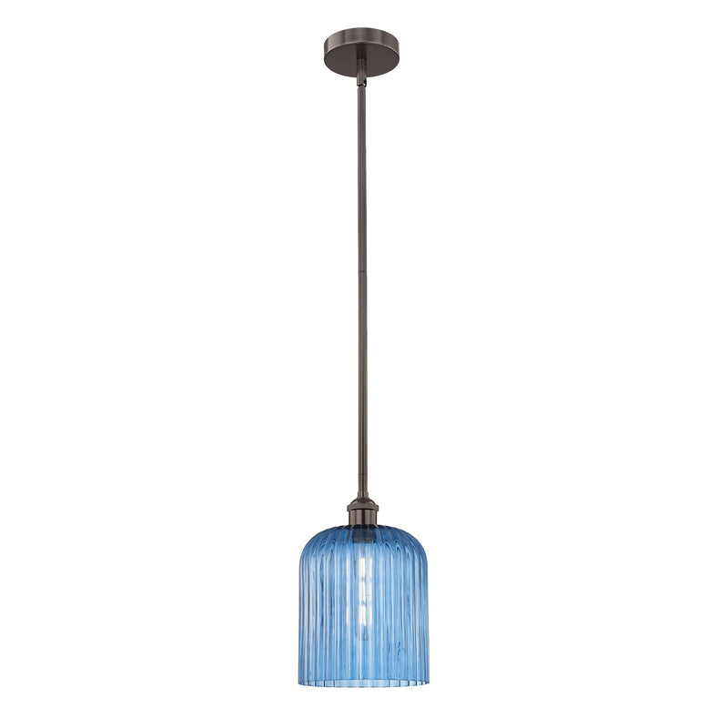 Innovations Bridal Veil 5in 1-Light Mini Pendant | Art Nouveau Industrial Oil Rubbed Bronze and Princess Blue Ribbed Glass | Model 616-1S-OB-G559-8BL