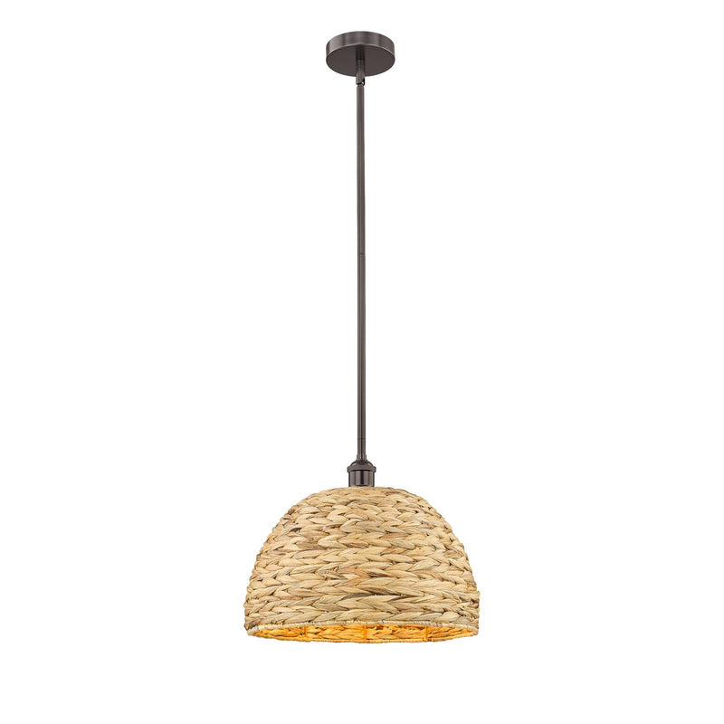 Innovations Woven Rattan 16in 1-Light Mini Pendant | Industrial Oil Rubbed Bronze Steel and Natural Fiber Dome Shade | Model 616-1S-OB-RBD-16-NAT