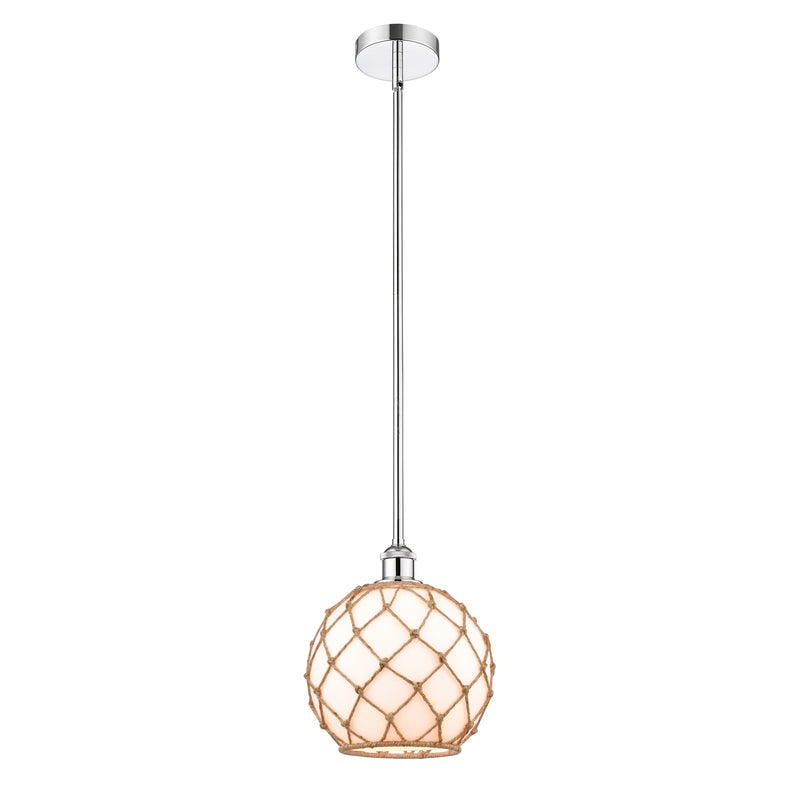 Innovations Farmhouse Rope 10in 1-Light Mini Pendant | Industrial Polished Chrome and Matte White Glass with Brown Rope | Model 616-1S-PC-G121-10RB