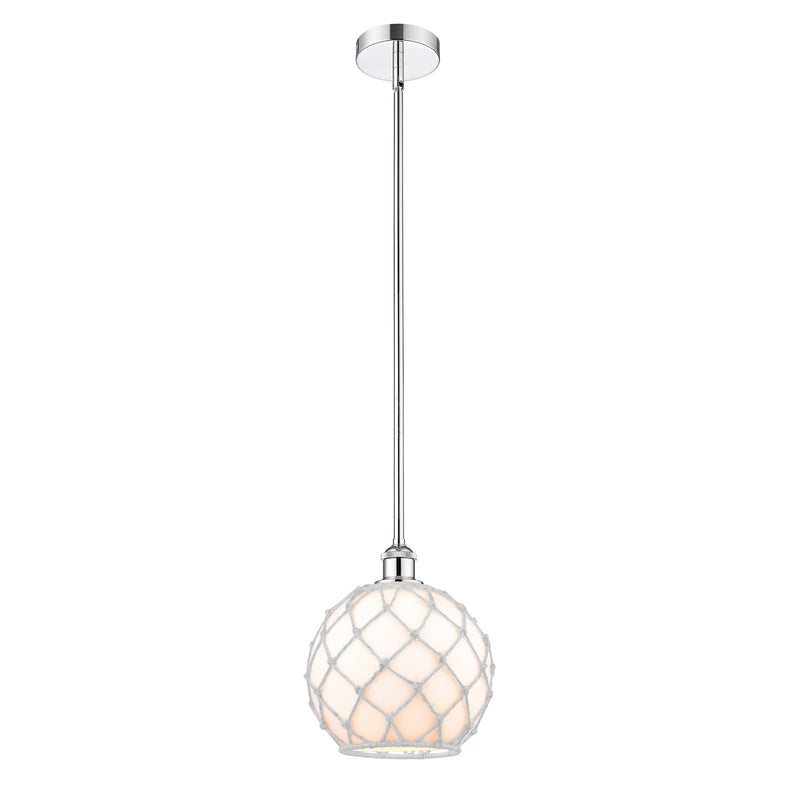 Innovations Farmhouse Rope 10in 1-Light Mini Pendant | Industrial Polished Chrome Steel and White Glass with Rope Shade | Model 616-1S-PC-G121-10RW