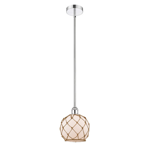 Innovations Farmhouse Rope 8in 1-Light Mini Pendant | Industrial Polished Chrome and White Frosted Glass with Brown Rope | Model 616-1S-PC-G121-8RB